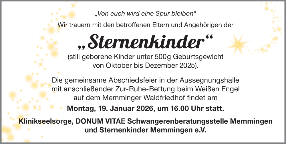  Traueranzeige für Sternenkinder in Gedenken vom 17.01.2026 aus Memminger Zeitung