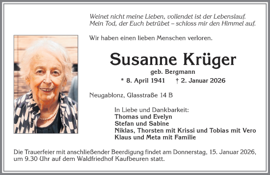 Traueranzeige von Susanne Krüger von Allgäuer Zeitung, Kaufbeuren/Buchloe