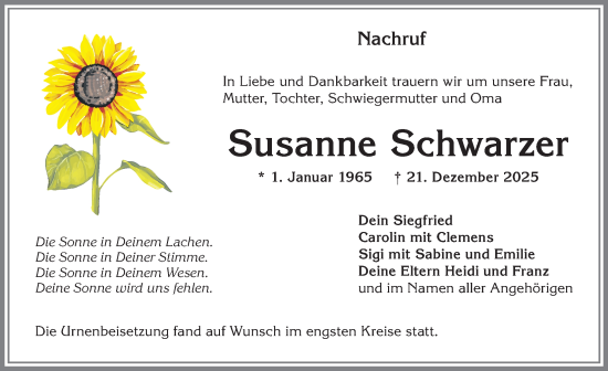 Traueranzeige von Susanne Schwarzer von Allgäuer Anzeigeblatt