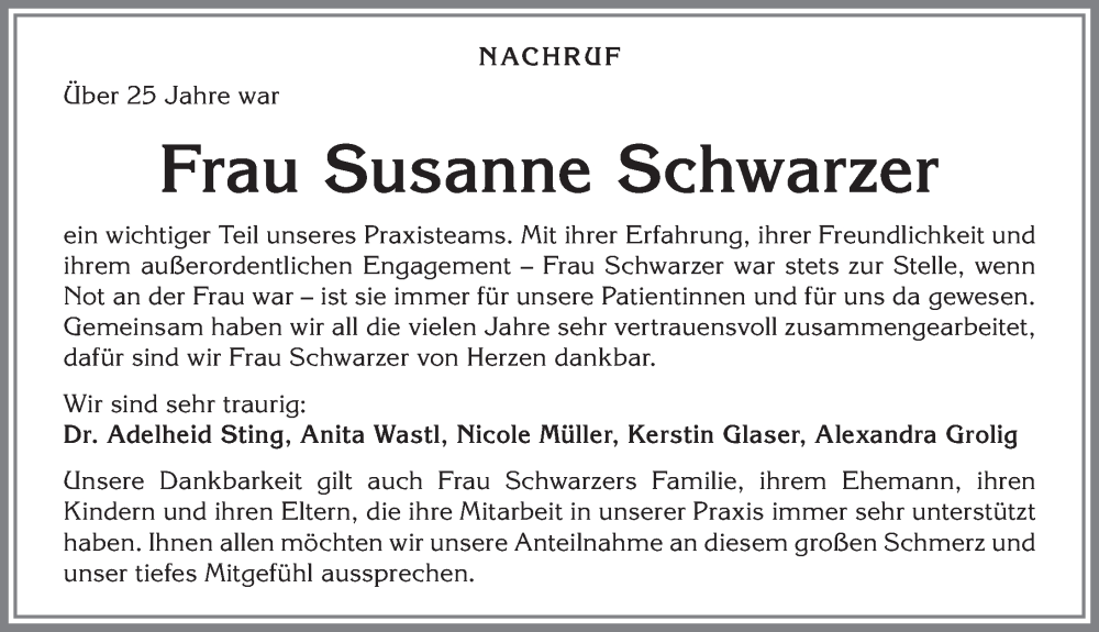  Traueranzeige für Susanne Schwarzer vom 14.01.2026 aus Allgäuer Anzeigeblatt