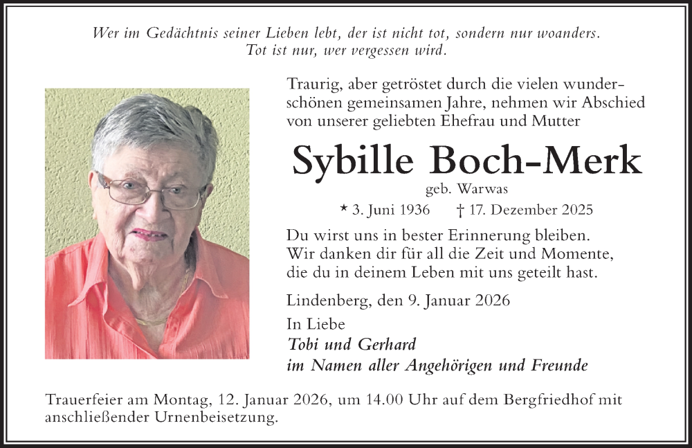  Traueranzeige für Sybille Boch-Merk vom 09.01.2026 aus Der Westallgäuer