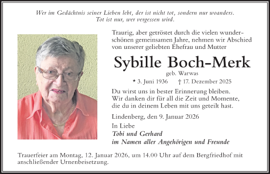 Traueranzeige von Sybille Boch-Merk von Der Westallgäuer