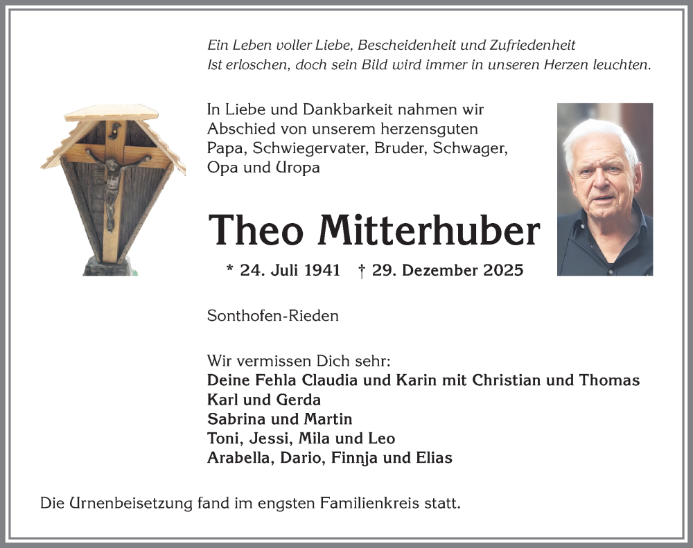  Traueranzeige für Theo Mitterhuber vom 24.01.2026 aus Allgäuer Anzeigeblatt
