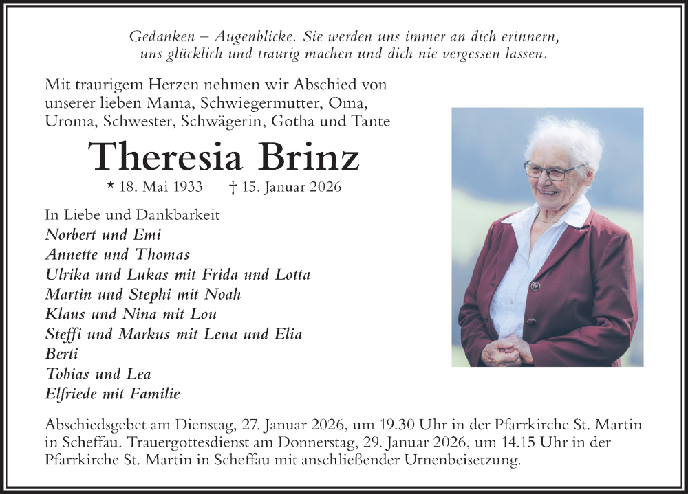  Traueranzeige für Theresia Brinz vom 24.01.2026 aus Der Westallgäuer