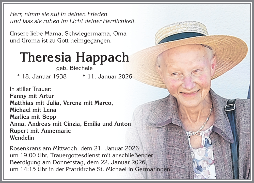  Traueranzeige für Theresia Happach vom 17.01.2026 aus Allgäuer Zeitung, Kaufbeuren/Buchloe