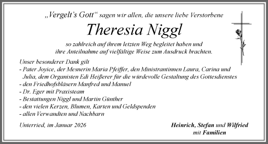 Traueranzeige von Theresia Niggl von Allgäuer Zeitung, Füssen
