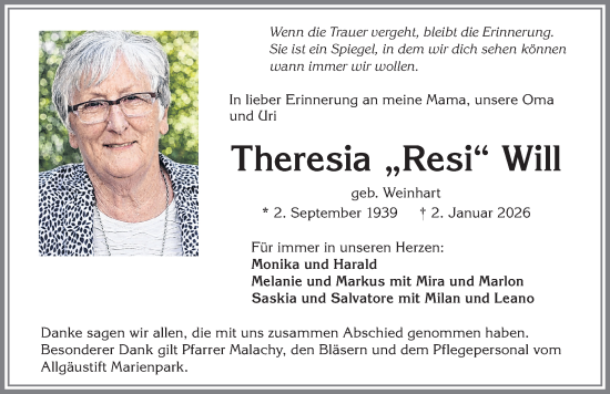 Traueranzeige von Theresia Will von Allgäuer Zeitung,Kempten