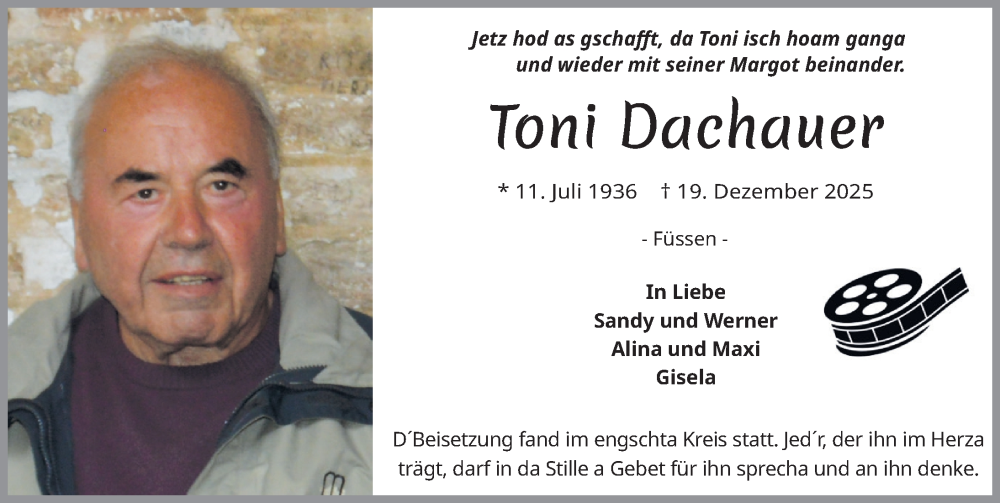  Traueranzeige für Toni Dachauer vom 24.01.2026 aus Allgäuer Zeitung, Füssen