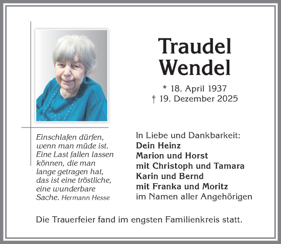 Traueranzeige von Traudel Wendel von Allgäuer Zeitung,Kempten
