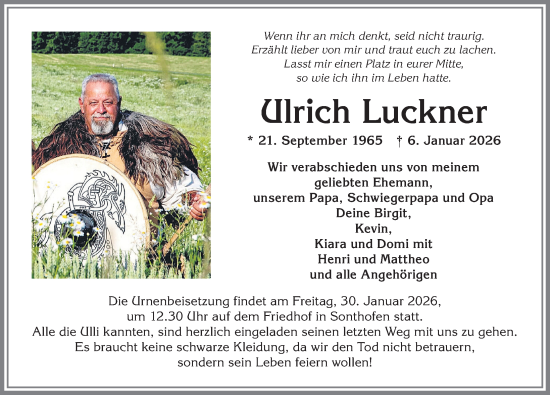 Traueranzeige von Ulrich Luckner von Allgäuer Anzeigeblatt