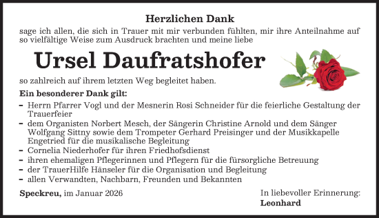 Traueranzeige von Ursel Daufratshofer von Memminger Zeitung