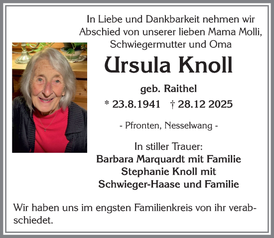 Traueranzeige von Ursula Knoll von Allgäuer Zeitung, Füssen