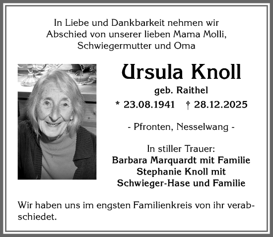 Traueranzeige von Ursula Knoll von Allgäuer Zeitung, Füssen