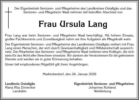 Traueranzeige von Ursula Lang von Allgäuer Zeitung, Kaufbeuren/Buchloe
