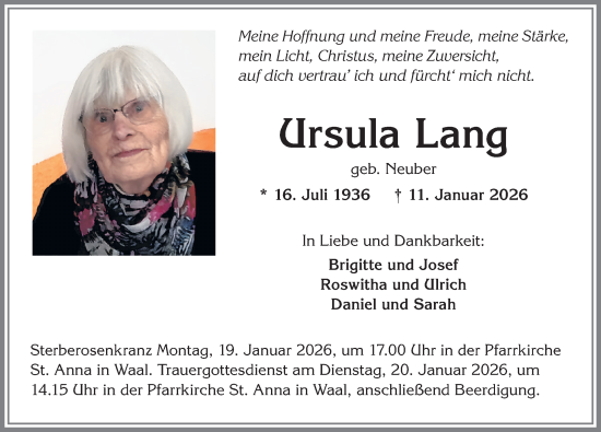 Traueranzeige von Ursula Lang von Allgäuer Zeitung, Kaufbeuren/Buchloe