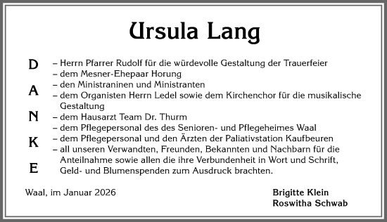 Traueranzeige von Ursula Lang von Allgäuer Zeitung, Kaufbeuren/Buchloe