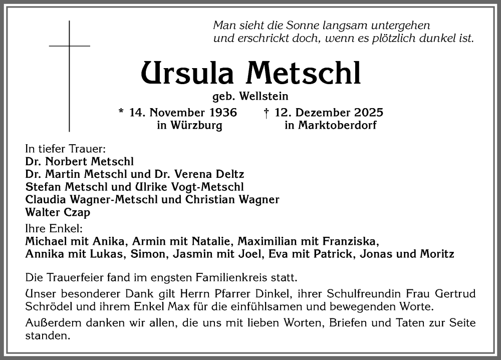  Traueranzeige für Ursula Metschl vom 10.01.2026 aus Allgäuer Zeitung, Marktoberdorf