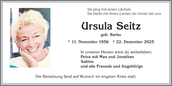 Traueranzeige von Ursula Seitz von Allgäuer Zeitung,Kempten