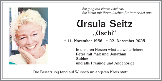 Traueranzeige von Ursula Seitz von Allgäuer Zeitung, Kaufbeuren/Buchloe