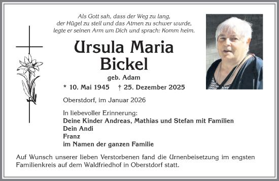 Traueranzeige von Ursula Maria Bickel von Allgäuer Anzeigeblatt