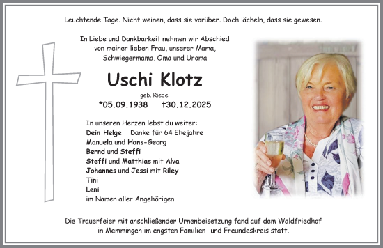 Traueranzeige von Uschi Klotz von Memminger Zeitung