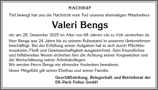 Traueranzeige von Valeri Bengs von Allgäuer Zeitung,Kempten