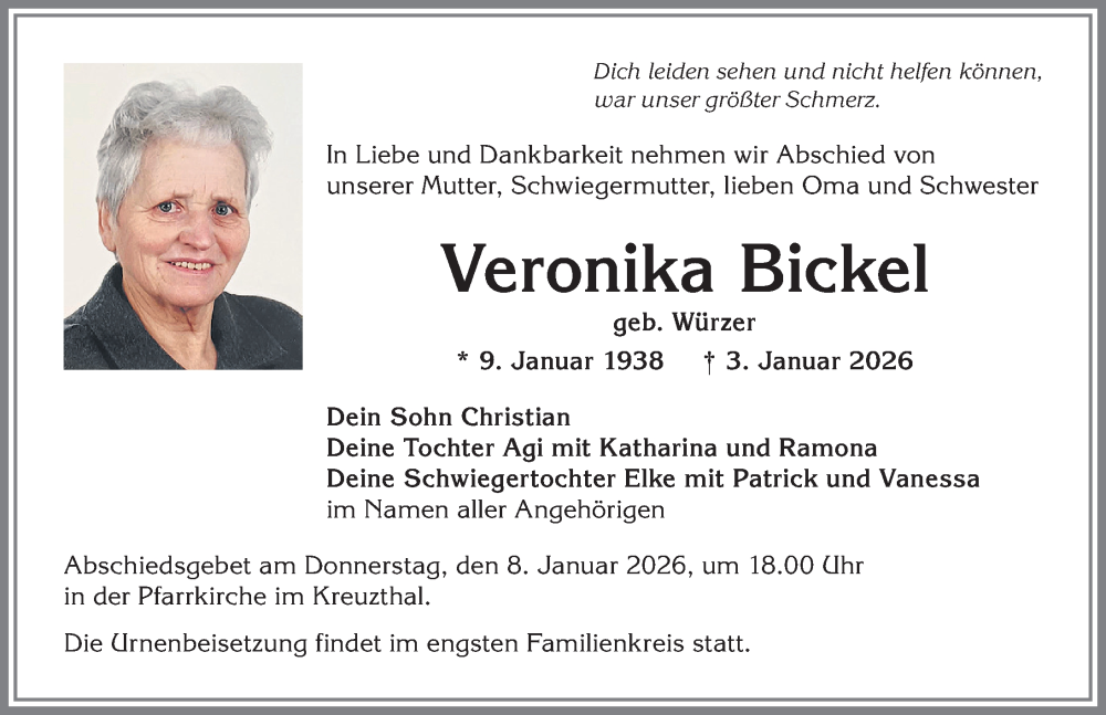  Traueranzeige für Veronika Bickel vom 07.01.2026 aus Allgäuer Zeitung,Kempten