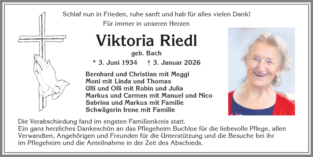  Traueranzeige für Viktoria Riedl vom 24.01.2026 aus Allgäuer Zeitung, Kaufbeuren/Buchloe