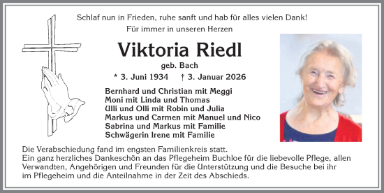 Traueranzeige von Viktoria Riedl von Allgäuer Zeitung, Kaufbeuren/Buchloe