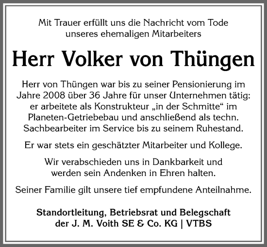 Traueranzeige von Volker von Thüngen von Allgäuer Anzeigeblatt