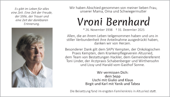 Traueranzeige von Vroni Bernhard von Allgäuer Zeitung,Kempten