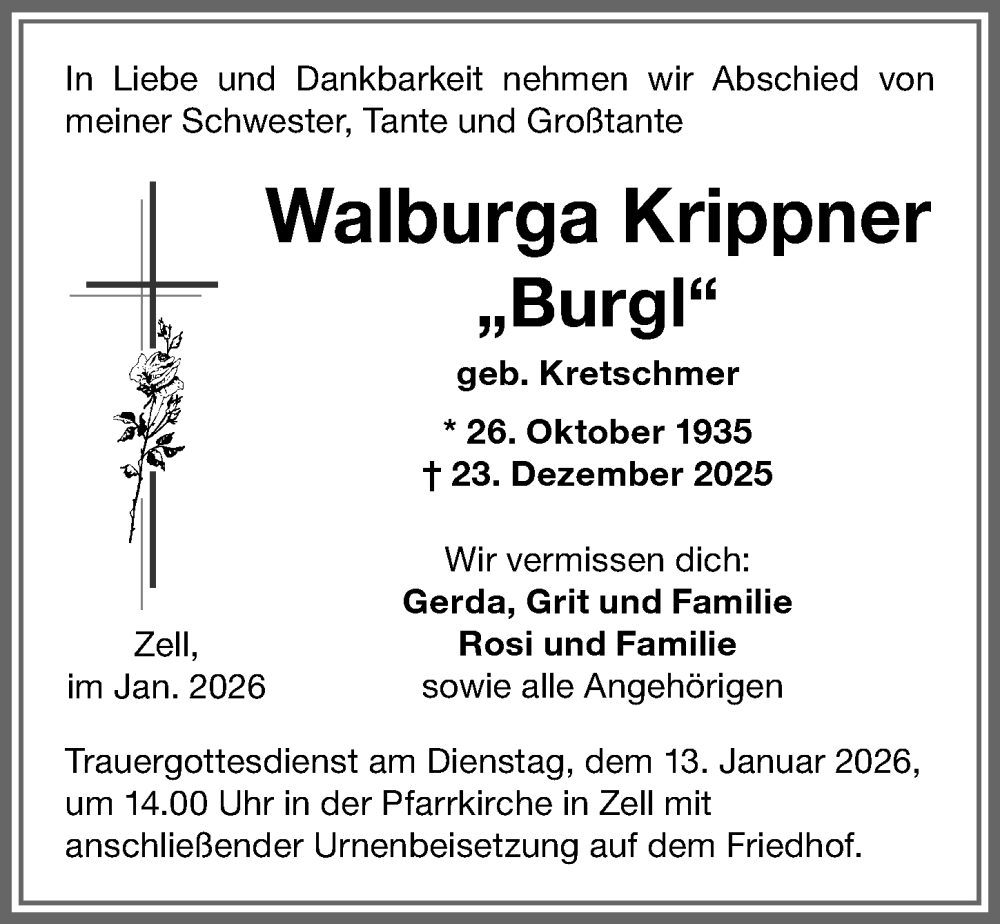  Traueranzeige für Walburga Krippner vom 10.01.2026 aus Memminger Zeitung