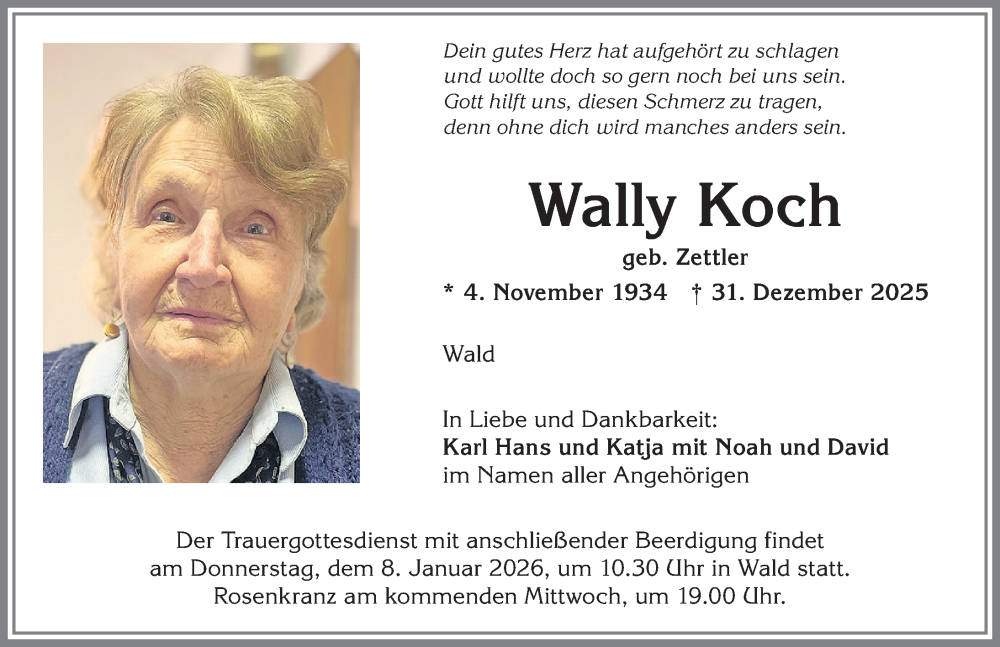  Traueranzeige für Wally Koch vom 03.01.2026 aus Allgäuer Zeitung, Marktoberdorf