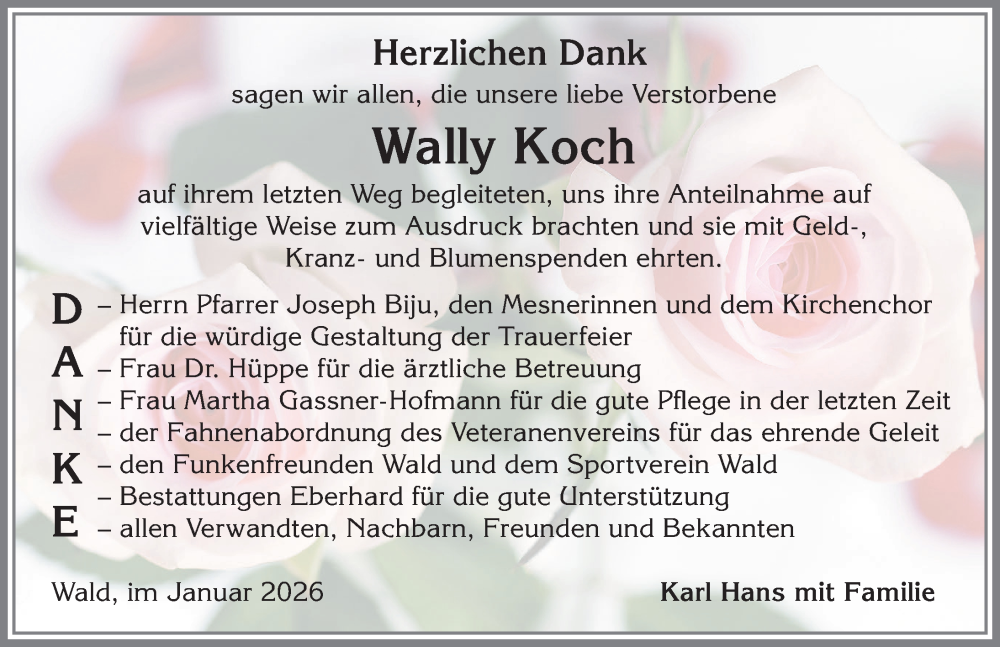  Traueranzeige für Wally Koch vom 17.01.2026 aus Allgäuer Zeitung, Marktoberdorf