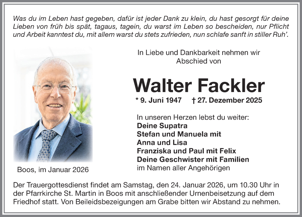  Traueranzeige für Walter Fackler vom 21.01.2026 aus Memminger Zeitung