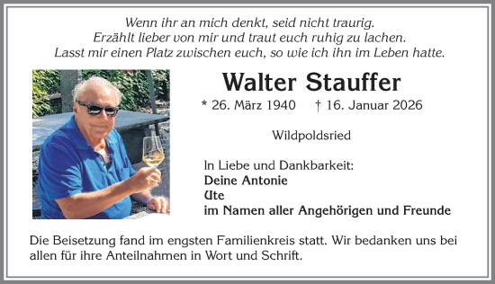Traueranzeige von Walter Stauffer von Allgäuer Zeitung,Kempten