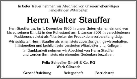 Traueranzeige von Walter Stauffer von Allgäuer Zeitung, Marktoberdorf