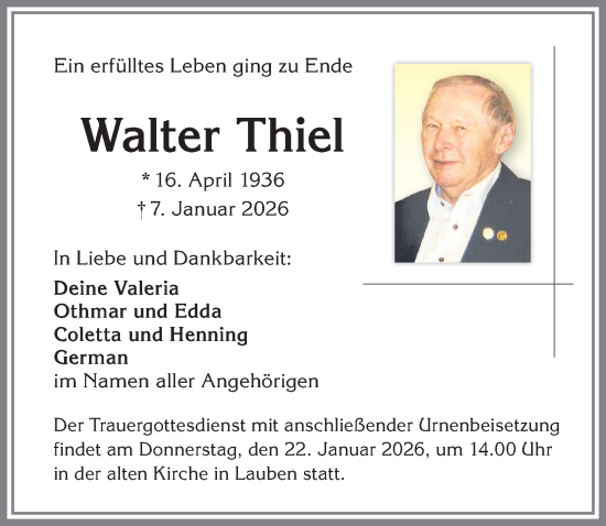 Traueranzeige von Walter Thiel von Allgäuer Zeitung,Kempten