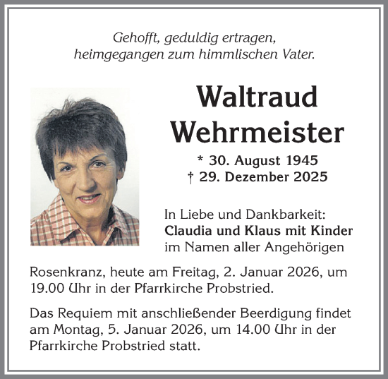 Traueranzeige von Waltraud Wehrmeister von Allgäuer Zeitung, Kaufbeuren/Buchloe
