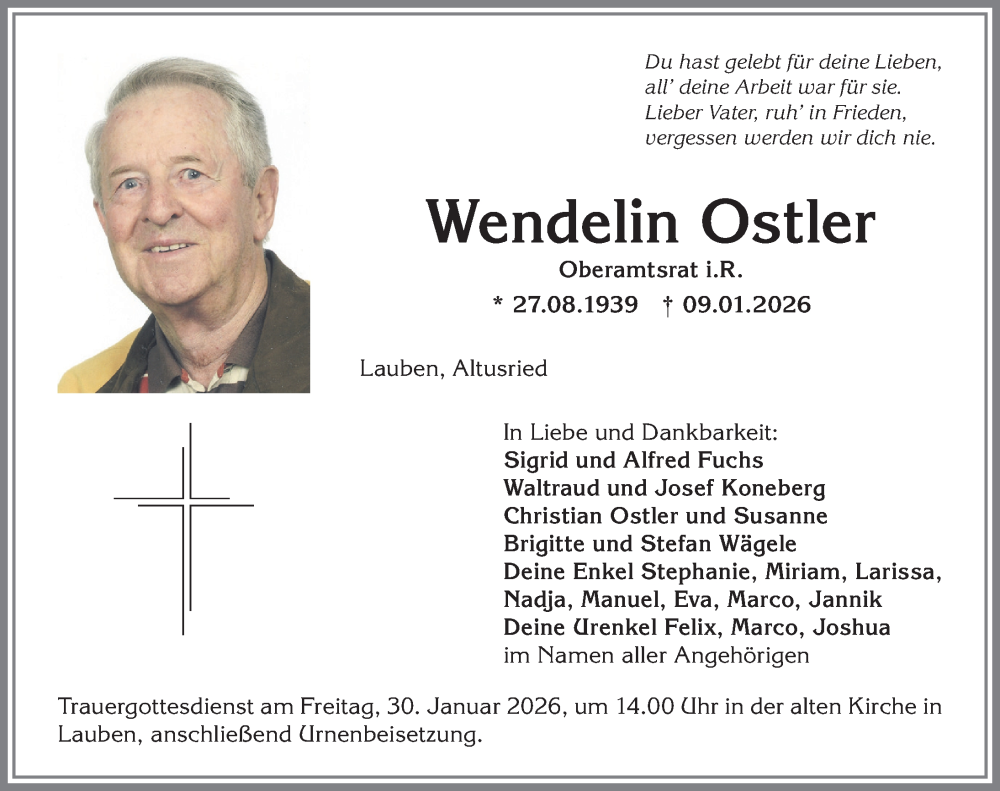  Traueranzeige für Wendelin Ostler vom 24.01.2026 aus Allgäuer Zeitung,Kempten