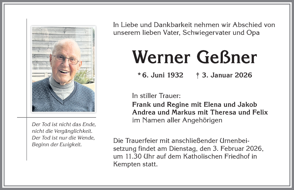  Traueranzeige für Werner Geßner vom 24.01.2026 aus Allgäuer Zeitung,Kempten