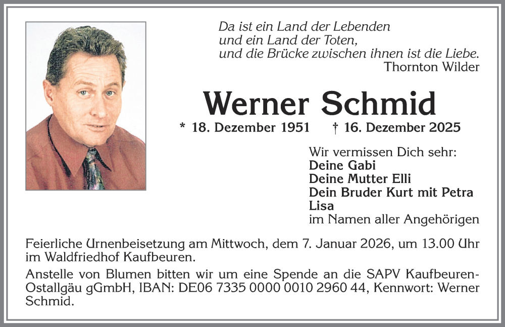  Traueranzeige für Werner Schmid vom 03.01.2026 aus Allgäuer Zeitung, Kaufbeuren/Buchloe