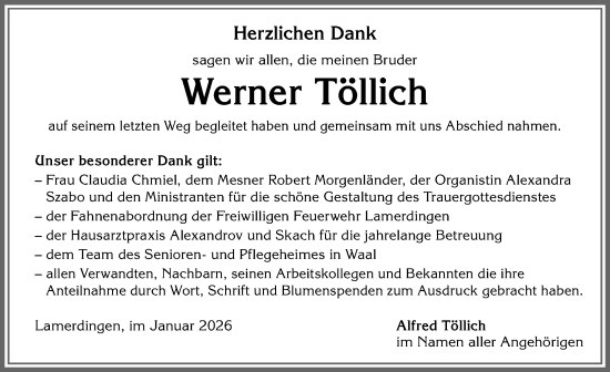 Traueranzeige von Werner Töllich von Allgäuer Zeitung, Kaufbeuren/Buchloe