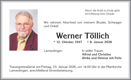 Traueranzeige von Werner Töllich von Allgäuer Zeitung, Kaufbeuren/Buchloe