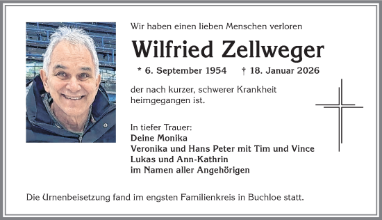 Traueranzeige von Wilfried Zellweger von Allgäuer Zeitung, Kaufbeuren/Buchloe