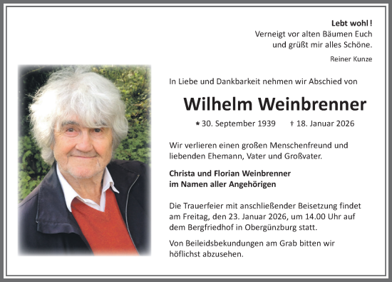 Traueranzeige von Wilhelm Weinbrenner von Allgäuer Zeitung, Kaufbeuren/Buchloe