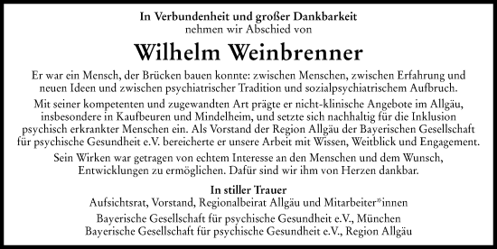 Traueranzeige von Wilhelm Weinbrenner von Allgäuer Zeitung, Marktoberdorf