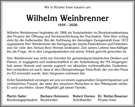 Traueranzeige von Wilhelm Weinbrenner von Allgäuer Zeitung, Marktoberdorf