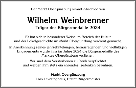 Traueranzeige von Wilhelm Weinbrenner von Allgäuer Zeitung, Marktoberdorf