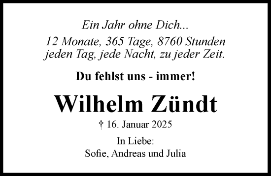 Traueranzeige von Wilhelm Zündt von Augsburger Allgemeine, Mindelheimer Zeitung